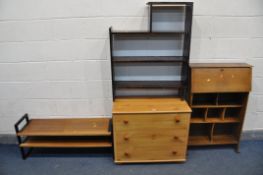 A MODERN PINE CHEST OF THREE DRAWERS, width 77cm x depth 41cm x height 66cm, a two tier shelving