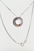 A 9CT WHITE GOLD SAPPHIRE DISC PENDANT WITH 9CT GOLD CHAIN, the vary hue circular cut sapphires