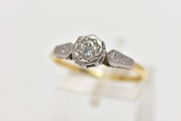 A YELLOW METAL DIAMOND SINGLE STONE RING, the brilliant cut diamond star set, to the tapered