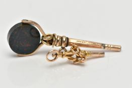 TWO YELLOW METAL WATCH KEYS, the first designed as a circular bloodstone swivel panel, suspended