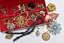 A BOX OF ASSORTED COSTUME JEWELLERY, a small jewellery box containing an assortment of costume