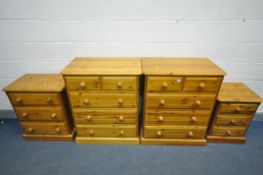A PAIR OF PINE CHESTS OF TWO SHORT OVER TWO LONG DRAWERS, width 77cm x depth 50cm x height 93cm, two