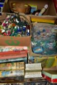 TWO BOXES OF VINTAGE TOYS AND BOOKS ETC, to include a Christmas Pantomime cine viewer and films, a