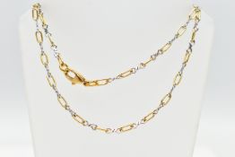 AN 18CT GOLD NECKLACE, comprising a series of yellow and white gold oval and infinity links, with