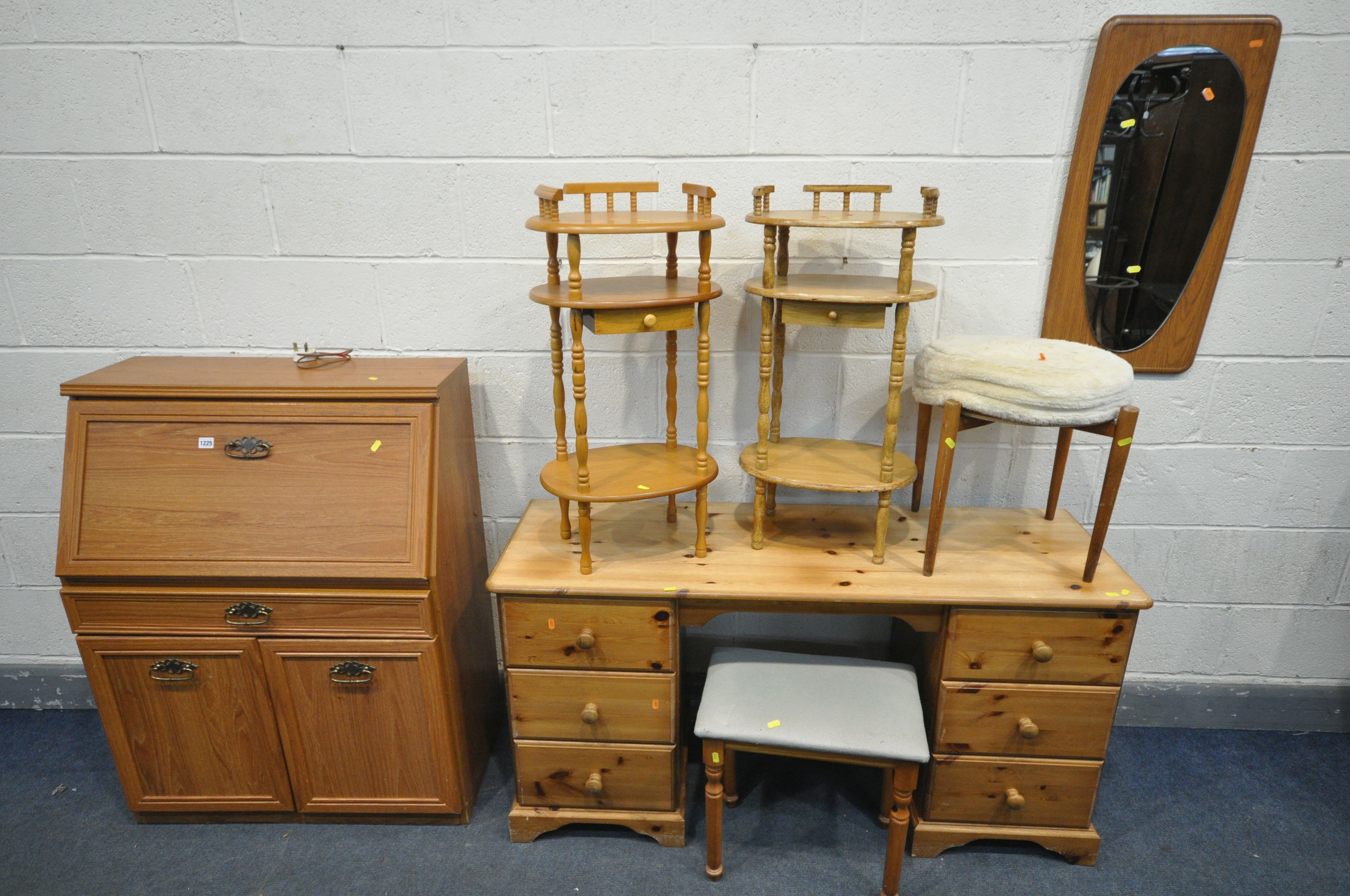 A PINE DRESSING TABLE with six drawers, width 137cm x depth 46cm x height 70cm, with stool, a teak
