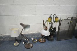 A FIGURAL TABLE LAMP, with glass shades, and two female figures, along with a single arm table lamp,