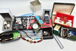 A BOX OF ASSORTED ITEMS, to include five wristwatches, names to include Emporio Armani, DKNY, Seiko,