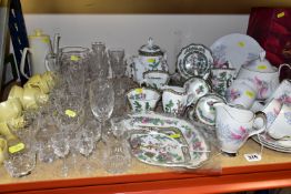 A GROUP OF TEAWARES AND CUT GLASS, comprising a Royal Albert 'Fancy Free' pattern tea set comprising