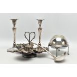 A BOX OF ASSORTED WHITE METAL TABLEWARE, to include a pair of tall candle sticks, white metal