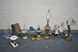 A SELECTION OF LIGHTING TO INCLUDE, an Art Deco lamp, with a swan, marble base and shade, a triple