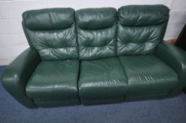 A GREEN LEATHER THREE SEATER RECLINING LOUNGE SUITE, length 190cm, and a brown leather manual