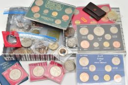 A SMALL BOX CONTAINING UK COINS AND COMMEMORATIVES, to include an 1887 Victoria crown worn, a George