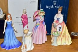 FIVE ROYAL DOULTON FIGURINES, comprising boxed Alexandra HN3286 (firing crack on left arm), boxed