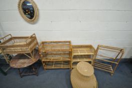 A SELECTION OF WICKER OCCASIONAL FURNITURE, a distressed circular coffee table, a crib, an oval wall
