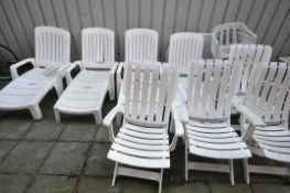 A SELECTION OF GROSFILLEX PLASTIC GARDEN FURNITURE, to include four sun loungers, four folding