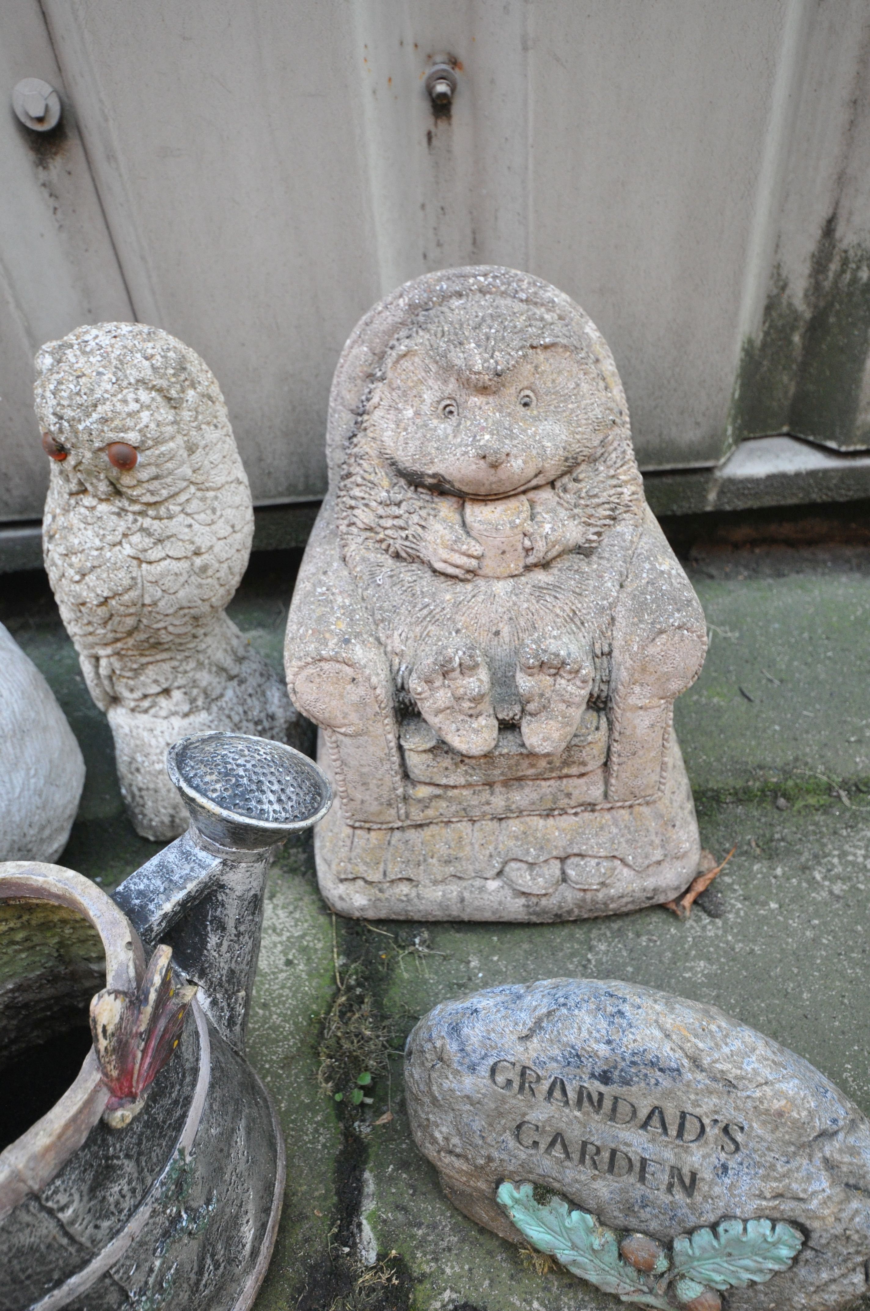 A SELECTION OF COMPOSITE GARDEN FIGURES, to include a hedgehog in an armchair, an owl, squirrel, etc - Image 3 of 3