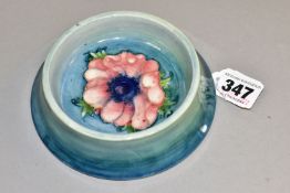 A MOORCROFT POTTERY ANENOME BOWL, of unusual form with a flared foot, graduated blue ground,