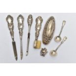 AN ASSORTMENT OF SILVER AND WHITE METAL ITEMS, to include a three part silver handled manicure