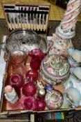 A BOX AND LOOSE CERAMICS, GLASS AND METAL WARES ETC, comprising two Chinese famille rose storage