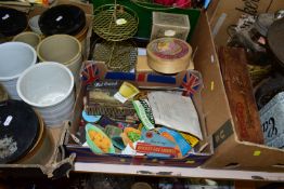 THREE BOXES AND LOOSE ADVERTISING / BRANDED WARES ETC. to include salt glazed apothecary storage