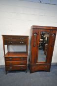 AN EDWARDIAN WALNUT BEDROOM SUITE, comprising a single mirror door wardrobe, width 94cm x depth 40cm