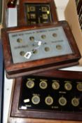 THREE WOODEN CASED, WALL MOUNTED SERVANTS BELL CALL BOXES, two having black glass with gilt room