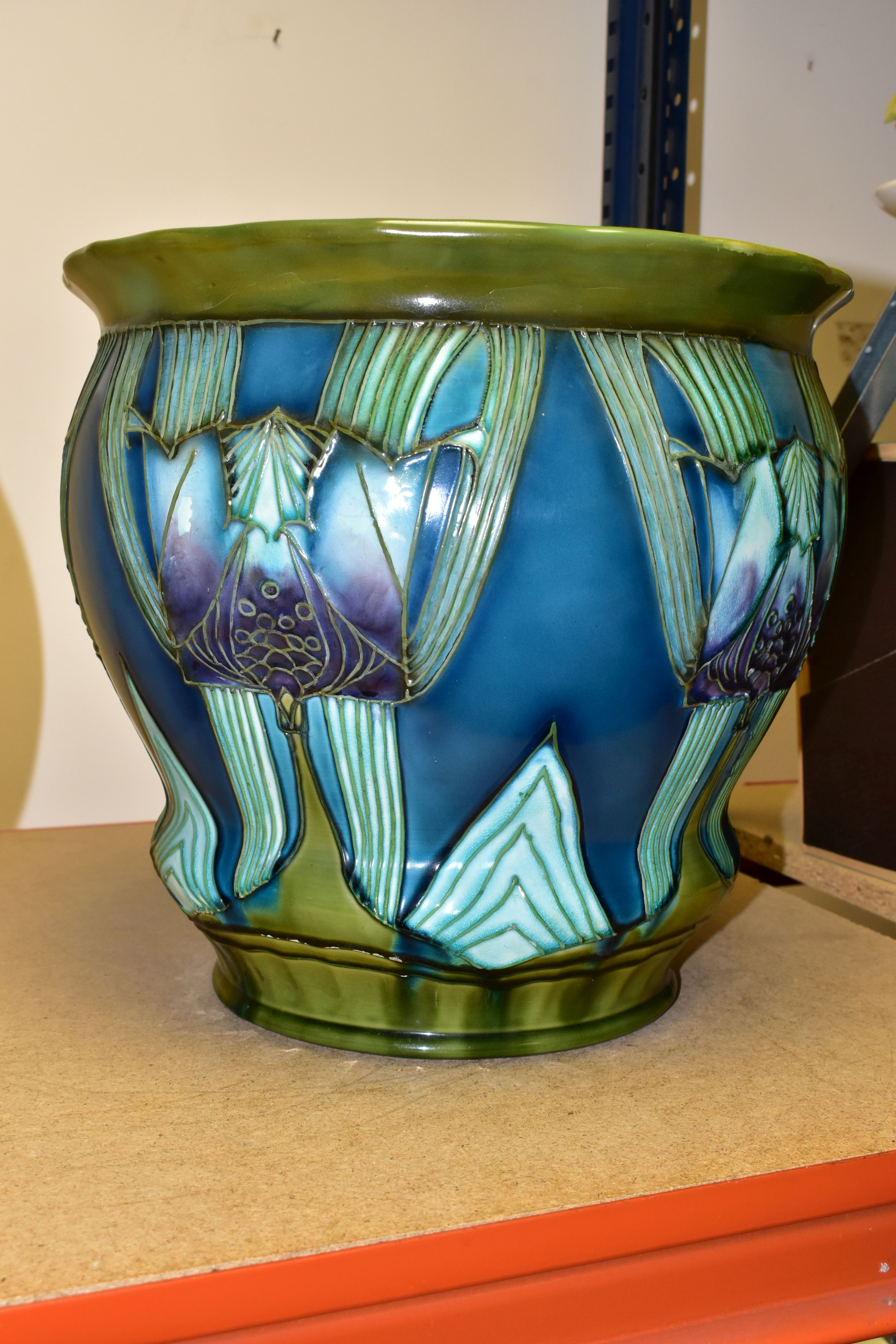 A VERY LARGE MINTON JARDINIERE, with a green, turquoise and lilac coloured Art Nouveau ' - Image 2 of 4