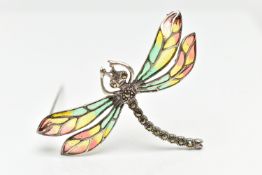 A WHITE METAL PLIQUE A JOUR AND MARCASITE DRAGONFLY BROOCH, the dragonfly comprising marcasite