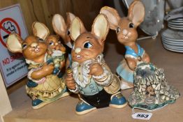 FOUR LARGE PENDELFIN RABBITS AND ONE OTHER PENDELFIN ITEM, comprising a Mouse House match holder,