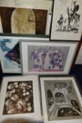 A SMALL QUANTITY OF VINTAGE PAINTING AND PRINTS ETC, to include a Belinda Lyon elephant tea towel