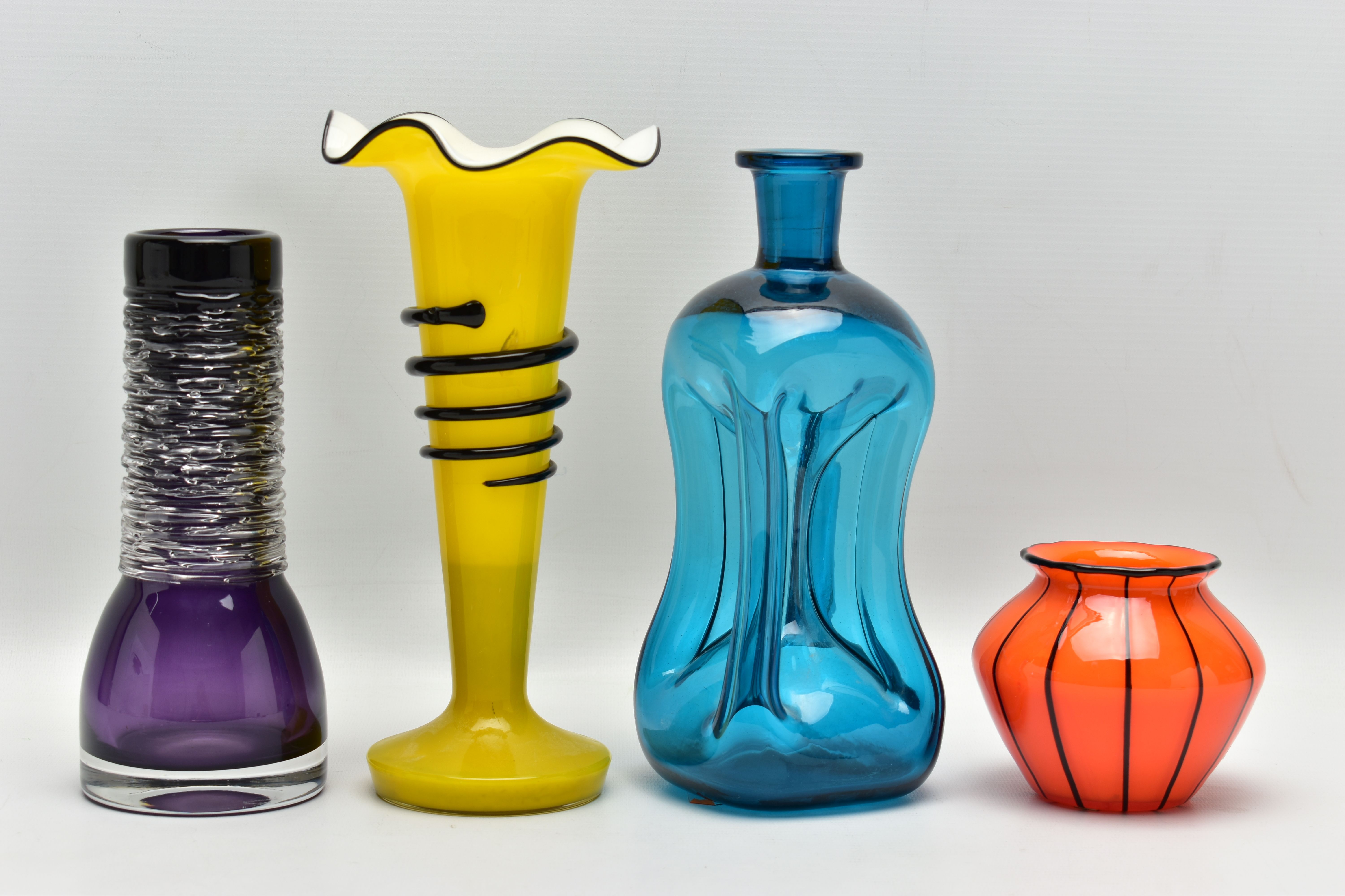 BENGT EDENFALK FOR SKRUF GLASS, an amethyst colour glass vase with applied spun clear glass ribbed