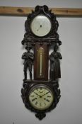 A FIGURAL ANEROID BAROMETER/CLOCK, depicting standing Amish male and female figures, and a clock