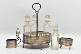 A GEORGE III SILVER OVAL EIGHT BOTTLE CRUET FRAME, with chased and pierced gallery sides, engraved