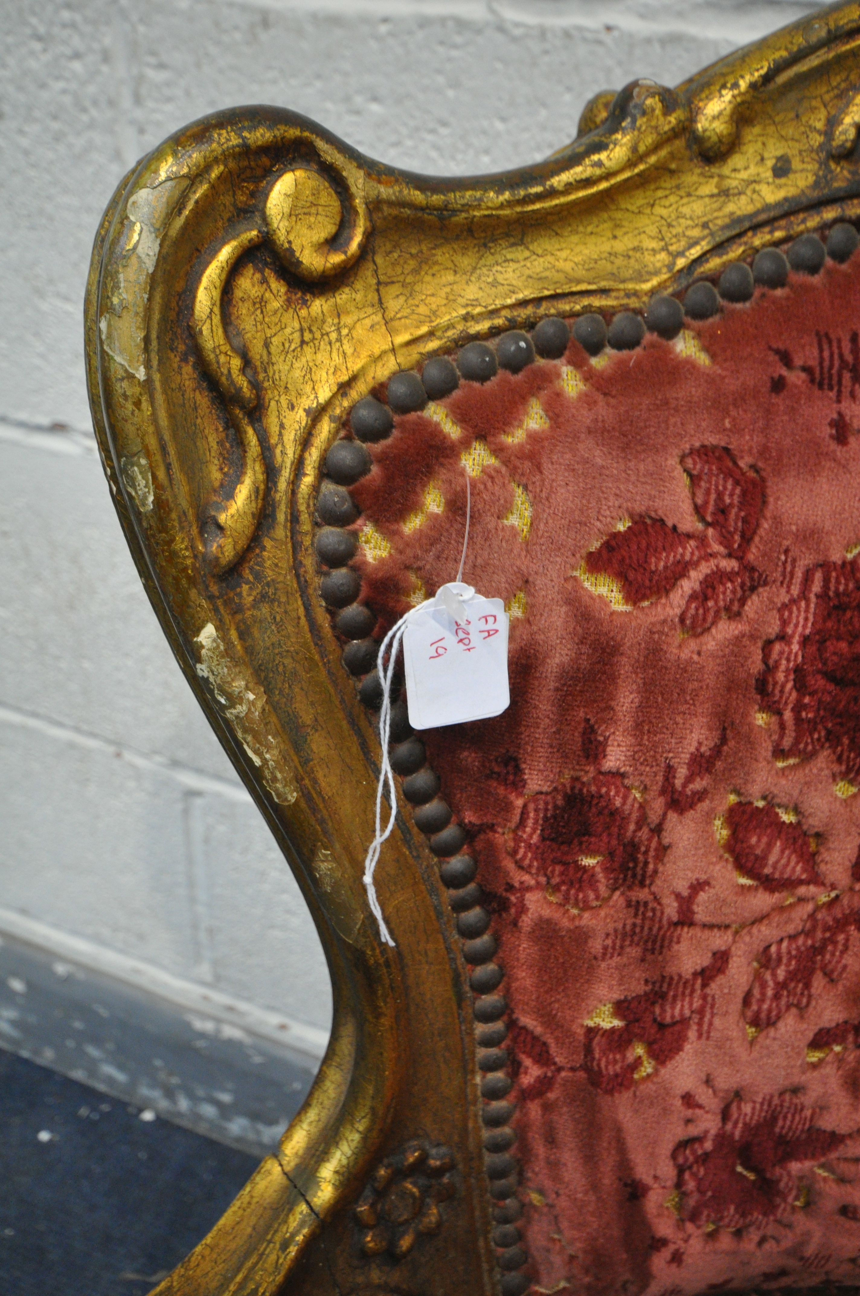 A PAIR OF 19TH CENTURY OR EARLIER LOUIS XV GILT FRAMED OPEN ARMCHAIRS, covered with later - Image 6 of 8