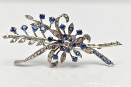 A MID 20TH CENTURY WHITE METAL DIAMOND AND SAPPHIRE FLORAL SPRAY BROOCH, set with a principal square