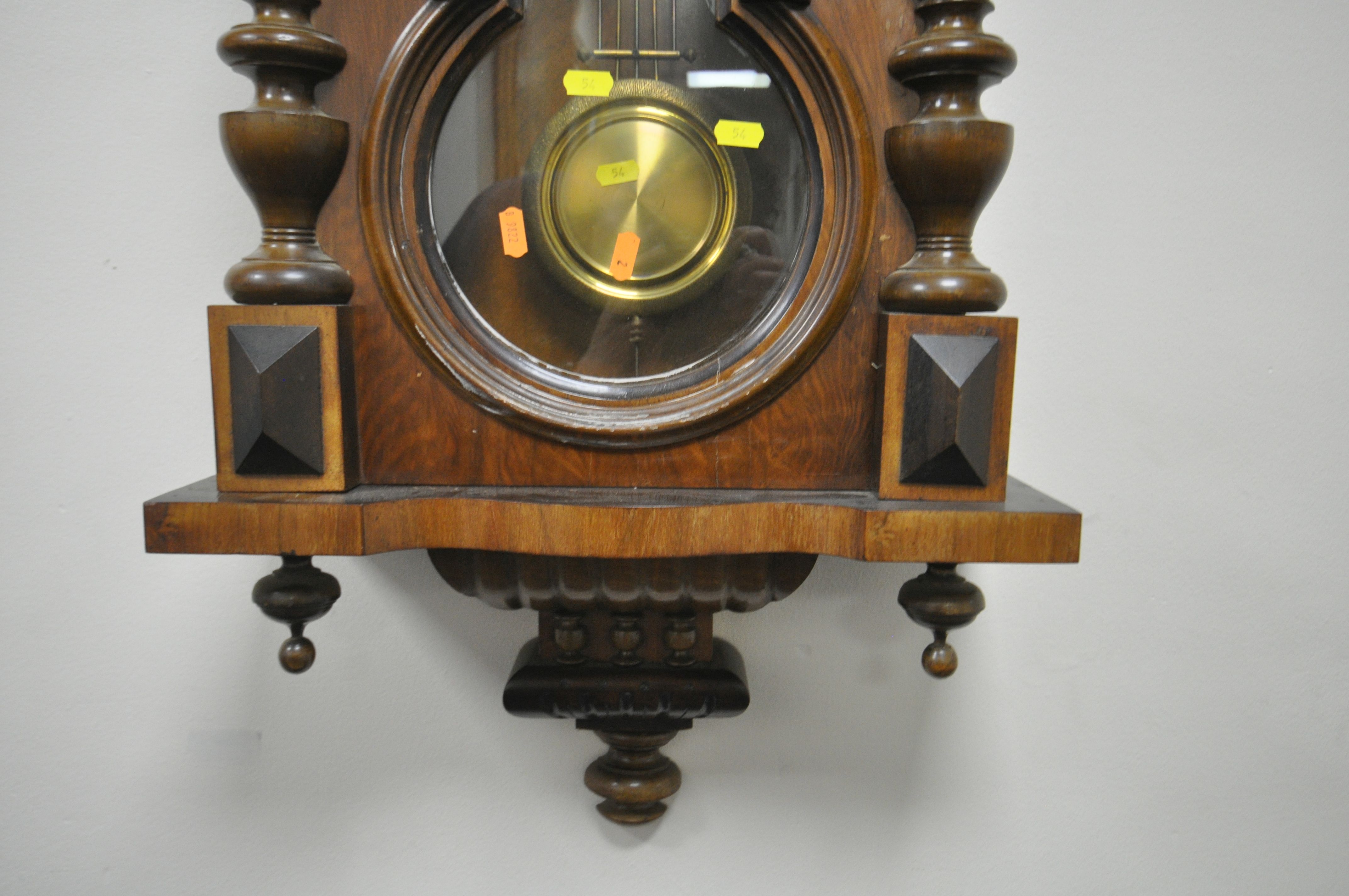 A LATE 19TH CENTURY VIENNA WALL CLOCK, with a resin horse pediment, turned pillars to the doors, - Image 5 of 5