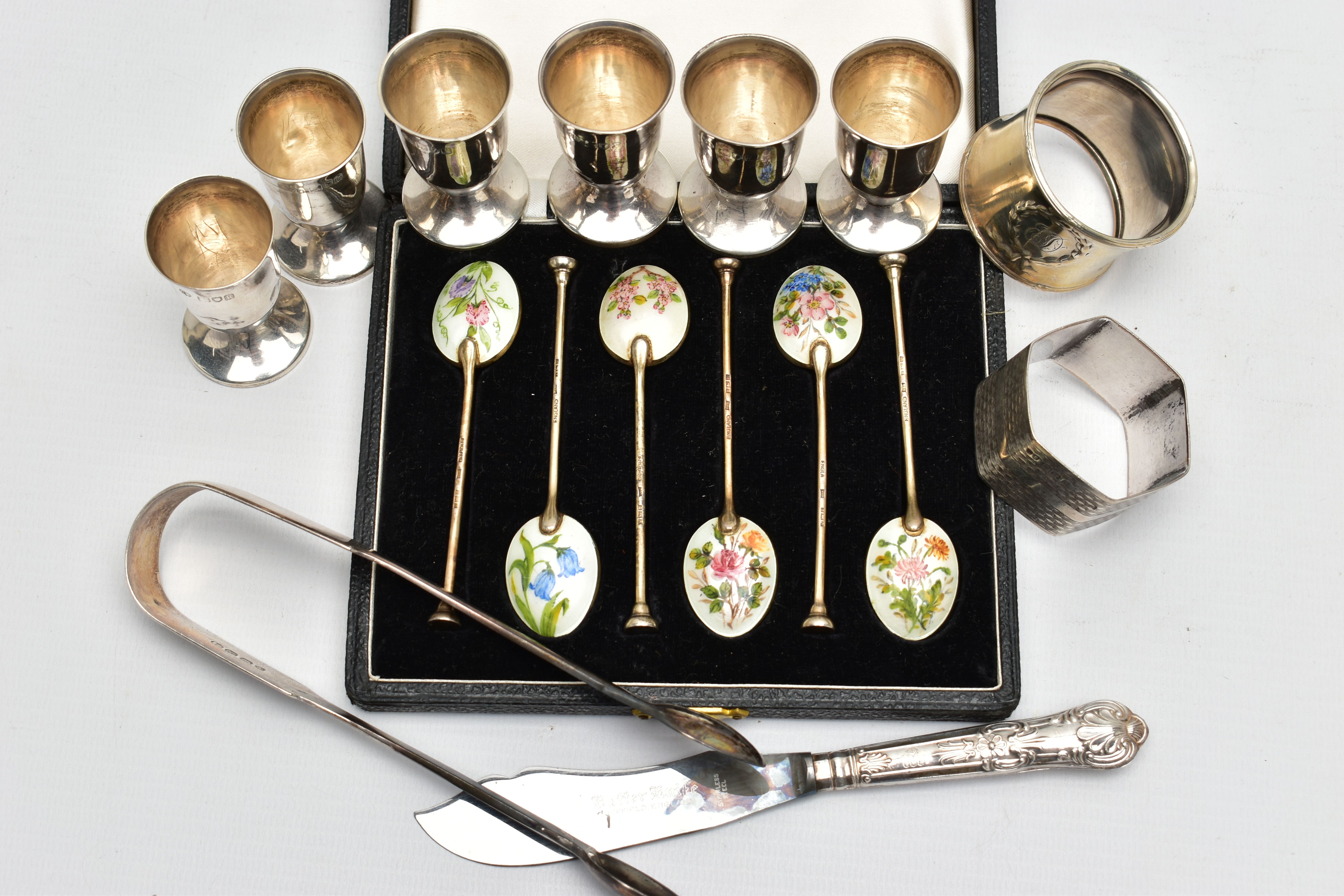 A CASED SET OF SIX ELIZABETH II SILVER GILT AND ENAMEL COFFEE SPOONS AND TEN OTHER SILVER ITEMS, - Image 2 of 8