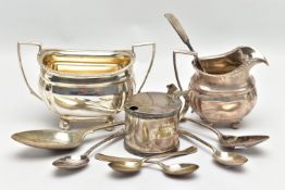 A PARCEL OF LATE 18TH, 19TH AND 20TH CENTURY SILVER, comprising a George V twin handled sugar bowl