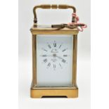 A LATE 20TH CENTURY BRASS CASED L'EPEE SAINTE-SUZANNE REPEATING CARRIAGE CLOCK, enamel dial with