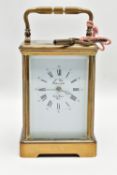 A LATE 20TH CENTURY BRASS CASED L'EPEE SAINTE-SUZANNE REPEATING CARRIAGE CLOCK, enamel dial with