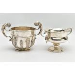 A GEORGE V WALKER & HALL SILVER TWIN HANDLED LOVING CUP AND AN EDWARDIAN TWIN HANDLED PEDESTAL