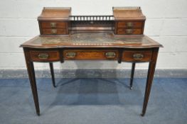 A LATE 19TH CENTURY ROSEWOOD, BOXWOOD STRUNG AND MARQUETRY INLAID CARLTON HOUSE DESK, the raised top