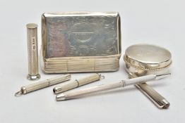 A VICTORIAN RECTANGULAR SILVER SNUFF BOX, AN ELIZABETH II SILVER WAFER BOX AND FOUR ELIZABETH II