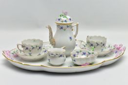 A HEREND PORCELAIN CABARET SET HAND PAINTED WITH STYLISED CORNFLOWERS, the set comprises an oval