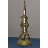 A LATE VICTORIAN BRASS AND CERAMIC TELESCOPIC STANDARD LAMP BASE, INCOMPLETE, the three ceramic