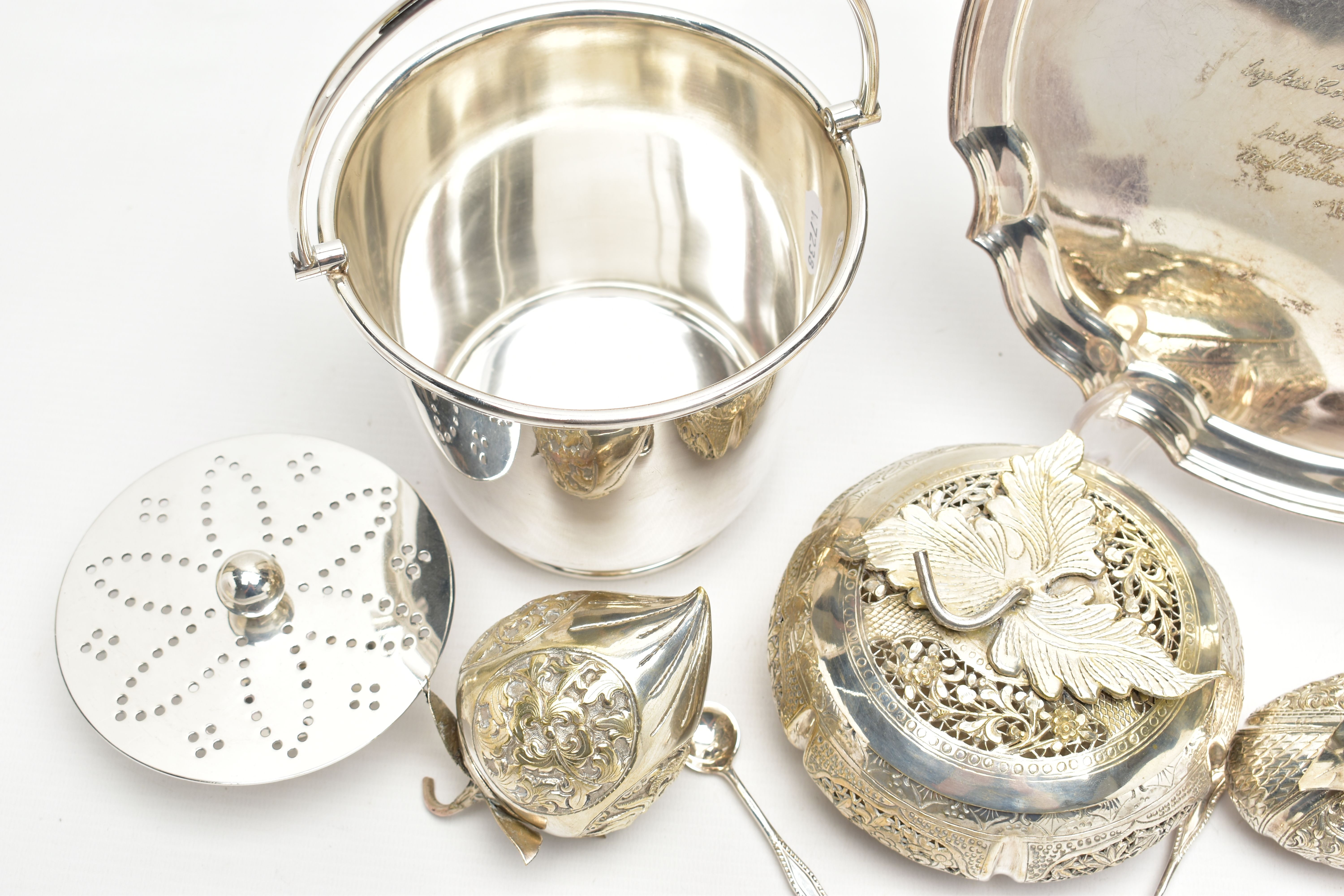 AN ELIZABETH II SILVER SALVER, TOGETHER WITH EIGHT SILVER PLATED ITEMS, the silver salver with - Image 4 of 14