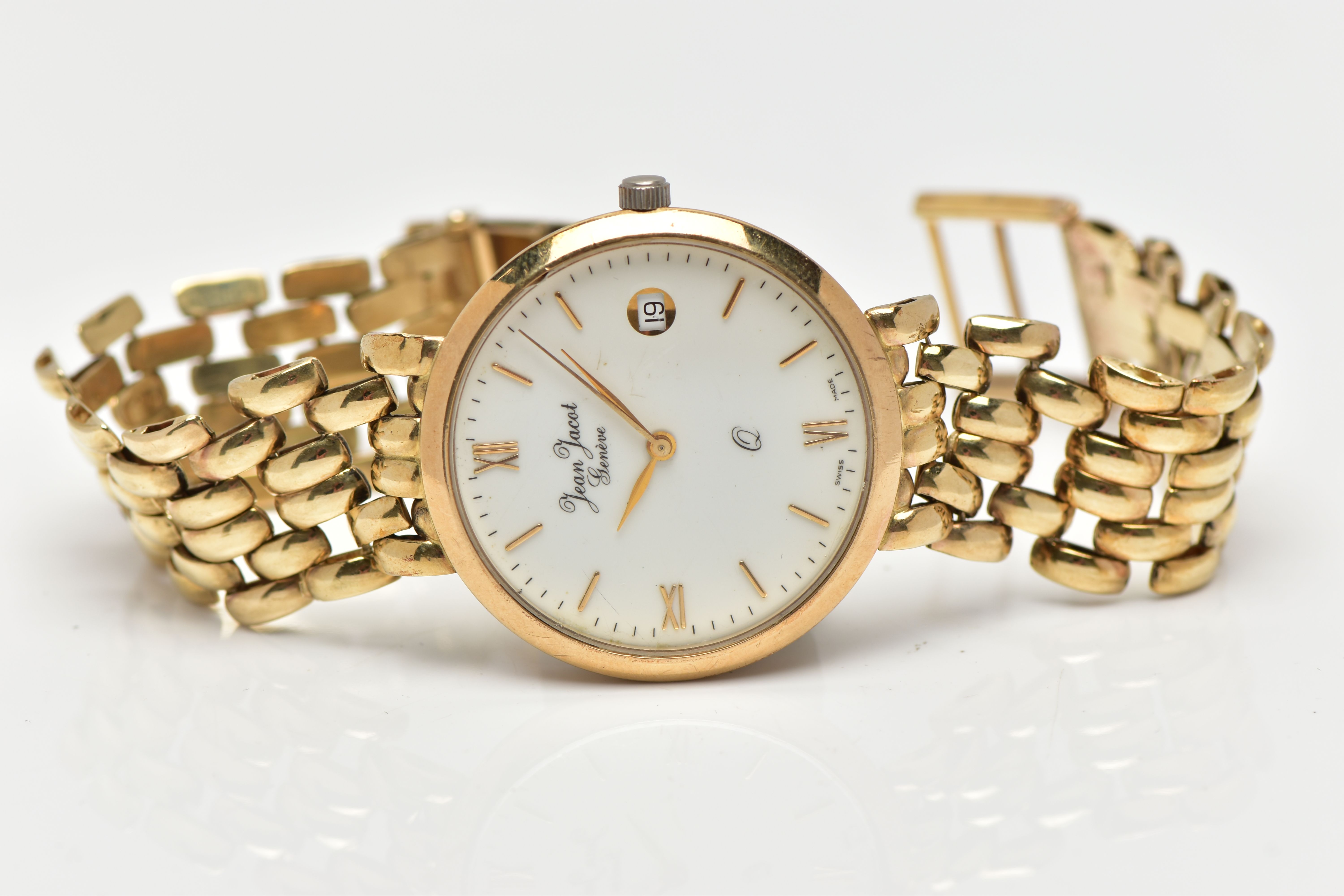 A JEAN JACOT GENEVE YELLOW METAL QUARTZ WRISTWATCH, the white dial with gold tone hourly applied - Image 4 of 6