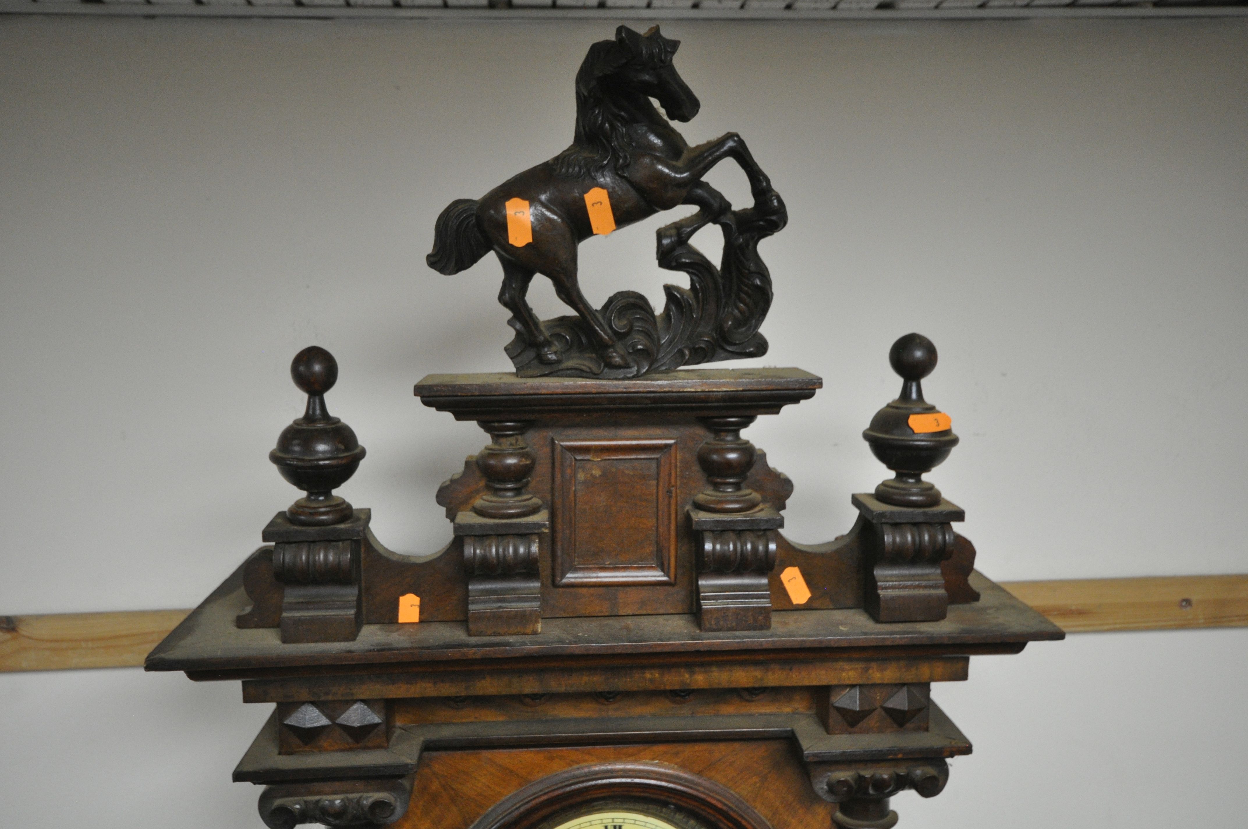 A LATE 19TH CENTURY REGULATOR VIENNA WALL CLOCK, having a resin horse finial, the door with - Image 2 of 6