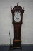 A REGENCY MAHOGANY EIGHT DAY LONGCASE CLOCK, the hood with three finials of a bird with open