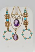 AN EARLY 20TH CENTURY 9CT YELLOW GOLD AMETHYST AND SPLIT PEARL PENDANT, TOGETHER WITH A PAIR OF